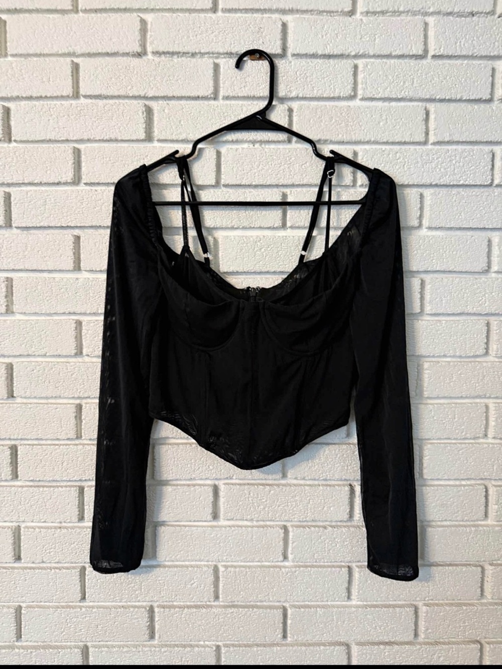 White Fox Black Long-Sleeve Mesh Corset Top - Women's Fashion